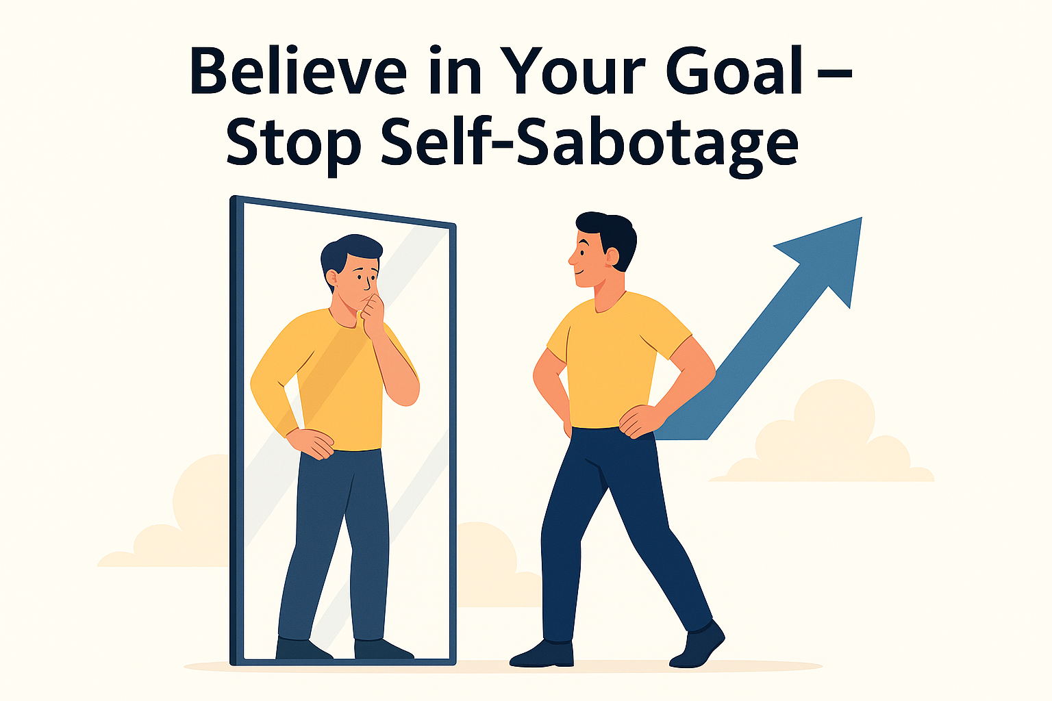 "Man overcoming self-doubt – Believe in your goal, stop self-sabotage"