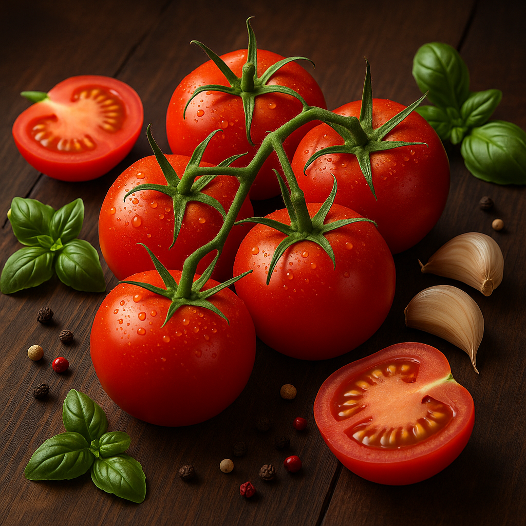 Fresh Southern tomatoes with basil and garlic on rustic wooden table